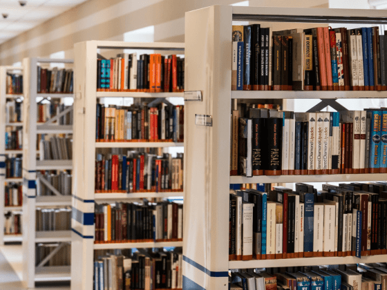 Shelves of books in a library.